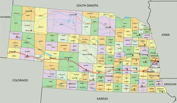 Nebraska Vysoce Podrobná Upravitelná Politická Mapa Označením — Stockový vektor