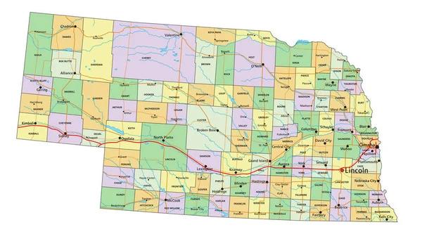 内布拉斯加州 带有标签的高度详细的可编辑政治地图 — 图库矢量图片