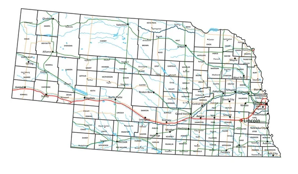 内布拉斯加州公路和公路地图 矢量说明 — 图库矢量图片