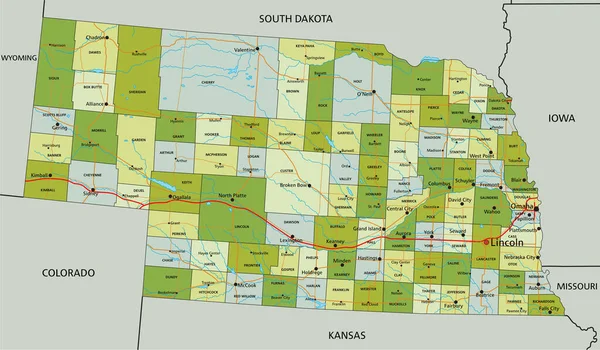 Bardzo Szczegółowa Edytowalna Mapa Polityczna Oddzielnymi Warstwami Nebraska — Wektor stockowy