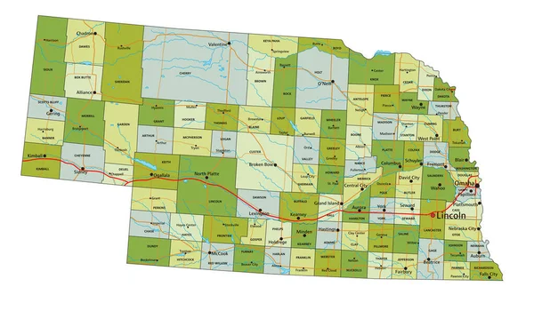 Mapa Político Editable Altamente Detallado Con Capas Separadas Nebraska — Vector de stock