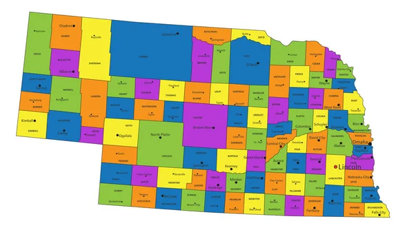 Kleurrijke Politieke Kaart Van Nebraska Met Duidelijk Gelabelde Gescheiden Lagen — Stockvector