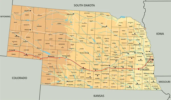 Alto Mapa Físico Detallado Nebraska Con Etiquetado — Vector de stock