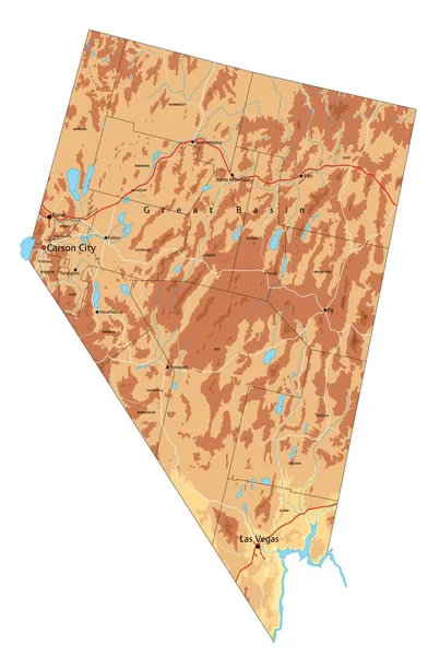 Mapa Físico Nevada Detalhado Alto Com Rotulagem — Vetor de Stock
