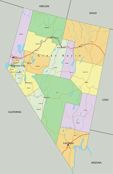 Nevada Hochdetaillierte Editierbare Politische Landkarte Mit Beschriftung — Stockvektor