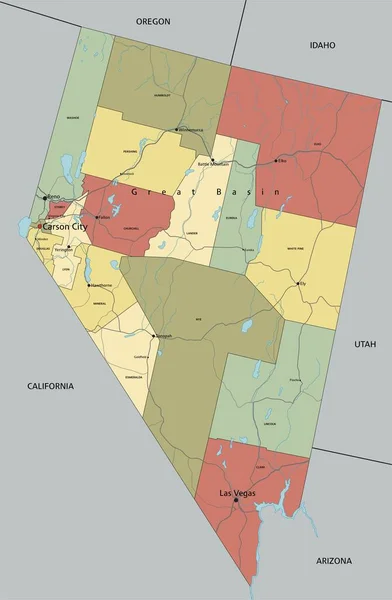 Nevada Hochdetaillierte Editierbare Politische Landkarte Mit Beschriftung — Stockvektor