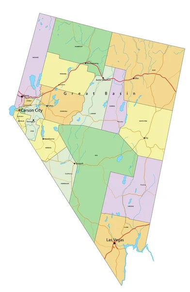 Nevada Mappa Politica Modificabile Altamente Dettagliata Con Etichettatura — Vettoriale Stock