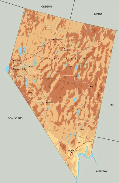 Mapa Físico Nevada Detalhado Alto Com Rotulagem — Vetor de Stock
