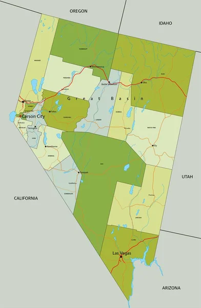 Vysoce Podrobná Upravitelná Politická Mapa Oddělenými Vrstvami Nevada — Stockový vektor