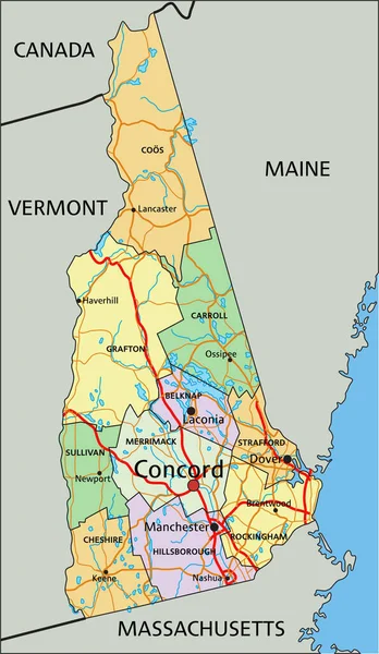New Hampshire Mycket Detaljerad Redigerbar Politisk Karta Med Märkning — Stock vektor