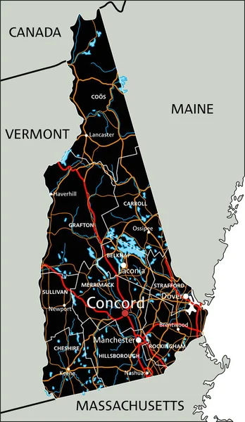 Mapa Estradas New Hampshire Altamente Detalhado Com Rotulagem — Vetor de Stock