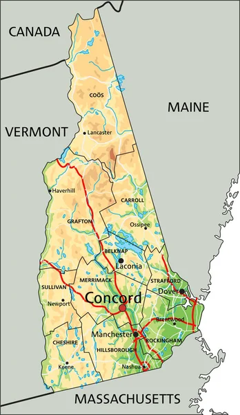 Hög Detaljerad New Hampshire Fysisk Karta Med Märkning — Stock vektor