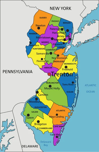 Mapa Político Colorido Nova Jersey Com Camadas Claramente Rotuladas Separadas — Vetor de Stock