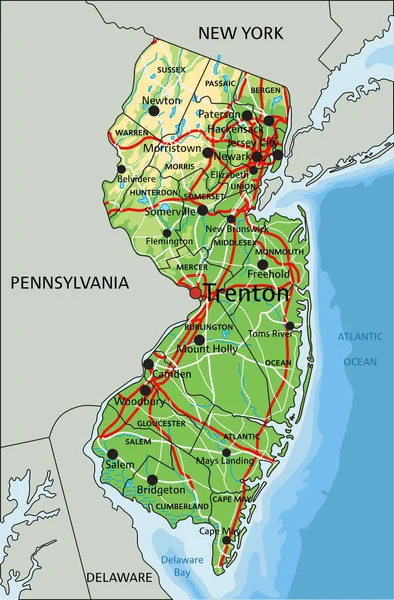 Velmi Detailní New Jersey Fyzická Mapa Označením — Stockový vektor