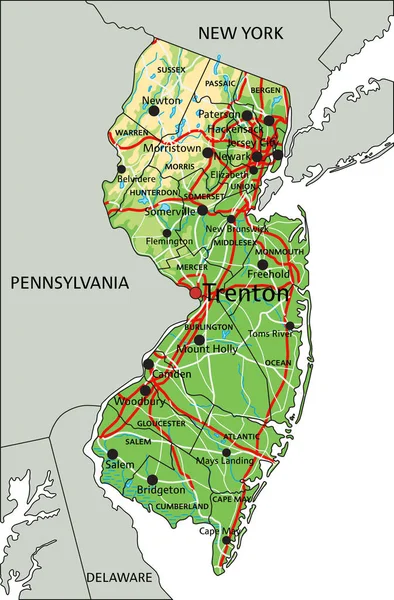Hög Detaljerad New Jersey Fysisk Karta Med Märkning — Stock vektor