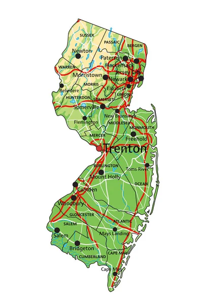 Alto Mapa Físico Detallado Nueva Jersey Con Etiquetado — Archivo Imágenes Vectoriales