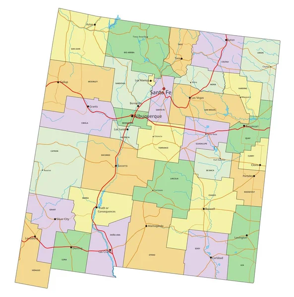 New Mexico Mycket Detaljerad Redigerbar Politisk Karta Med Märkning — Stock vektor