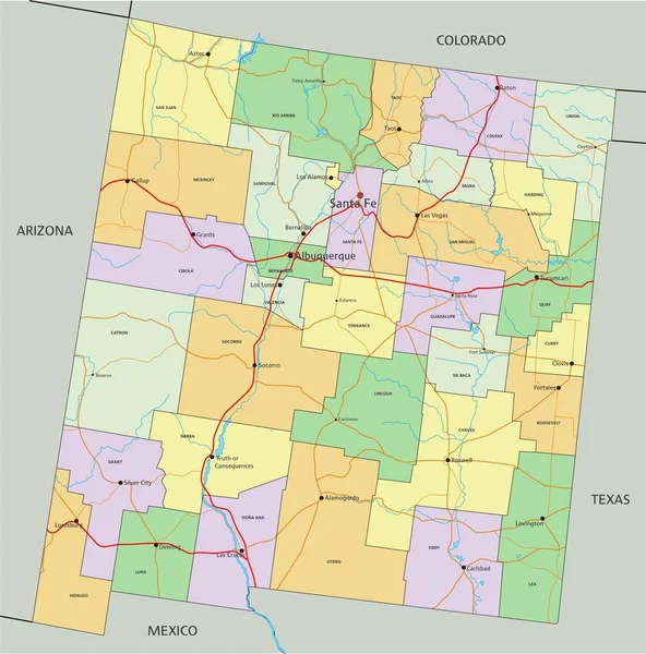 Nuevo México Mapa Político Editable Altamente Detallado Con Etiquetado — Vector de stock