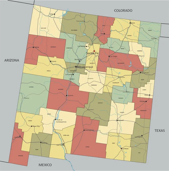 New Mexico Hochdetaillierte Editierbare Politische Landkarte Mit Beschriftung — Stockvektor