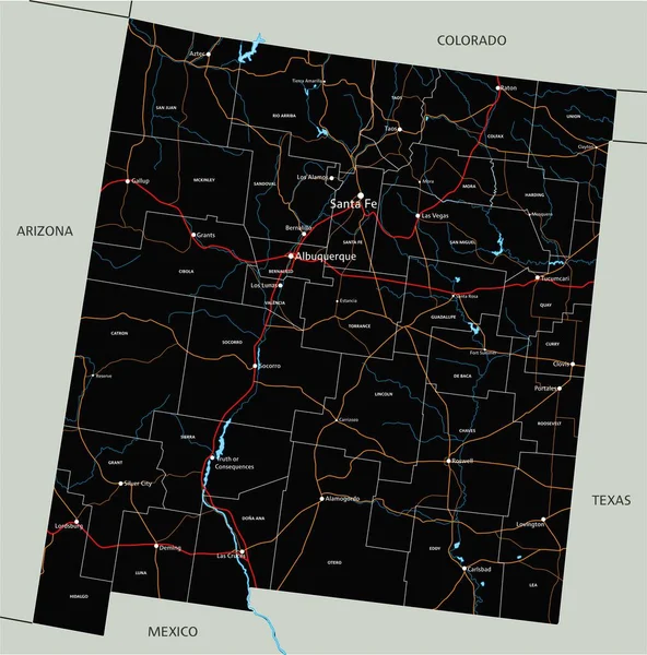 Mappa Stradale Dettagliata Del Nuovo Messico Con Etichettatura — Vettoriale Stock
