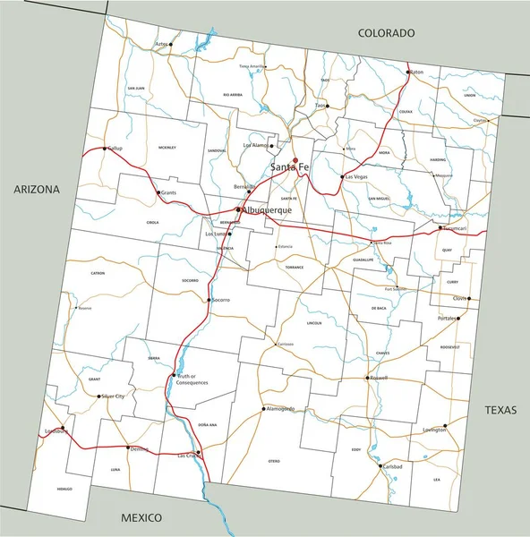 Hoge Gedetailleerde New Mexico Routekaart Met Etikettering — Stockvector