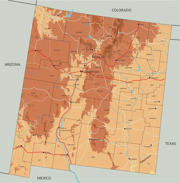 Hög Detaljerad New Mexico Fysisk Karta Med Märkning — Stock vektor