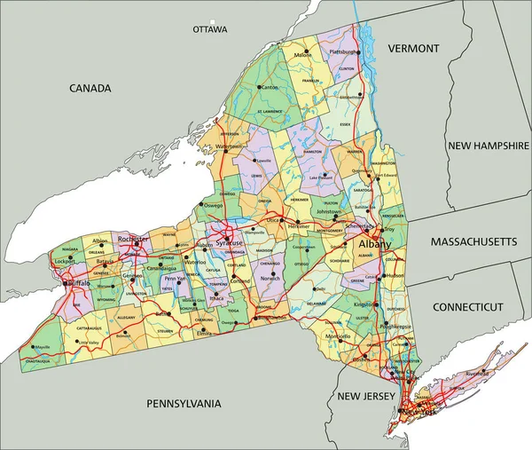 Νέα Υόρκη Εξαιρετικά Λεπτομερής Επεξεργάσιμος Πολιτικός Χάρτης Σήμανση — Διανυσματικό Αρχείο