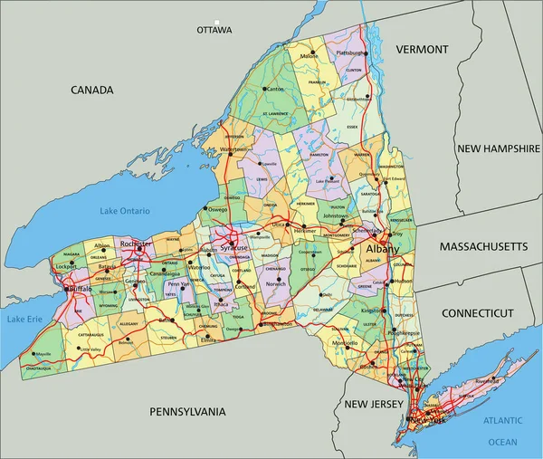 New York Hochdetaillierte Editierbare Politische Landkarte Mit Beschriftung — Stockvektor