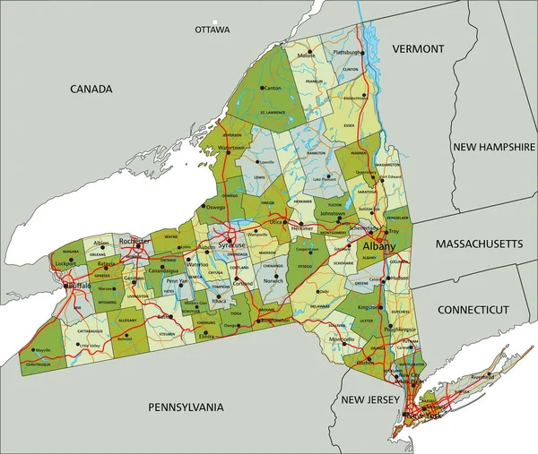 Vysoce Podrobná Upravitelná Politická Mapa Oddělenými Vrstvami New York — Stockový vektor