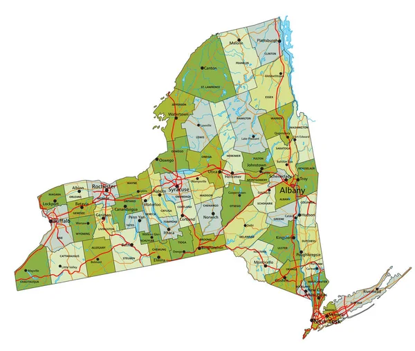 Ayrık Katmanlı Son Derece Detaylı Politik Harita New York — Stok Vektör