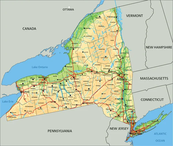 Hoch Detaillierte Physische Karte Von New York Mit Beschriftung — Stockvektor