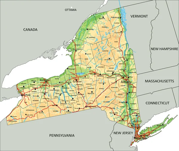 Mapa Físico Nova York Detalhado Com Rotulagem — Vetor de Stock
