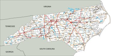 Etiketli yüksek detaylı Kuzey Carolina yol haritası.