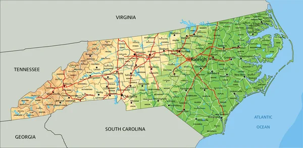 ラベル付きの高詳細ノースカロライナ物理地図 — ストックベクタ