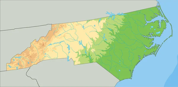 Velmi Podrobná Fyzická Mapa Severní Karolíny — Stockový vektor