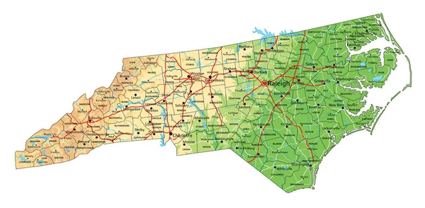 Hög Detaljerad North Carolina Fysisk Karta Med Märkning — Stock vektor