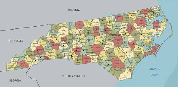 Carolina Del Norte Mapa Político Editable Altamente Detallado Con Etiquetado — Vector de stock