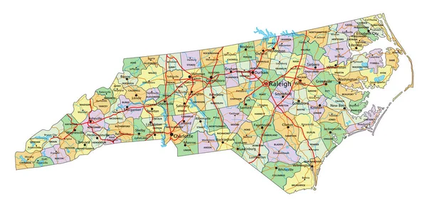Carolina Del Nord Mappa Politica Altamente Dettagliata Con Etichettatura — Vettoriale Stock
