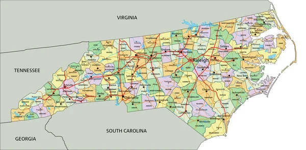 ノースカロライナ州 ラベル付きの非常に詳細な編集可能な政治地図 — ストックベクタ