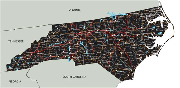 Hoja Ruta Detallada Carolina Del Norte Con Etiquetado — Vector de stock