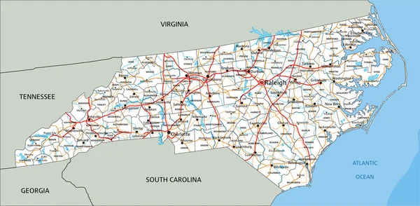 Hoch Detaillierte North Carolina Roadmap Mit Beschriftung — Stockvektor