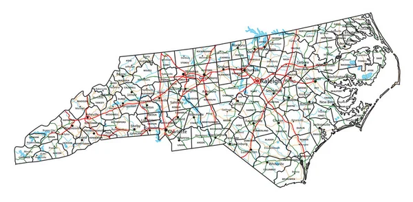 北卡罗莱纳州的道路和公路地图 矢量说明 — 图库矢量图片