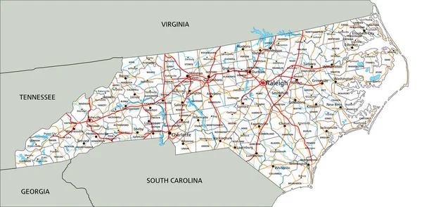 High Detailed North Carolina Road Map Labeling — Stock Vector