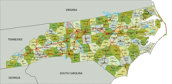 独立したレイヤーを持つ非常に詳細な編集可能な政治マップ ノースカロライナ州 — ストックベクタ