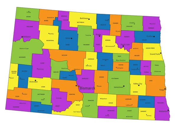 色彩斑斓的北达科他州政治地图 有清晰的标记和分隔层 矢量说明 — 图库矢量图片