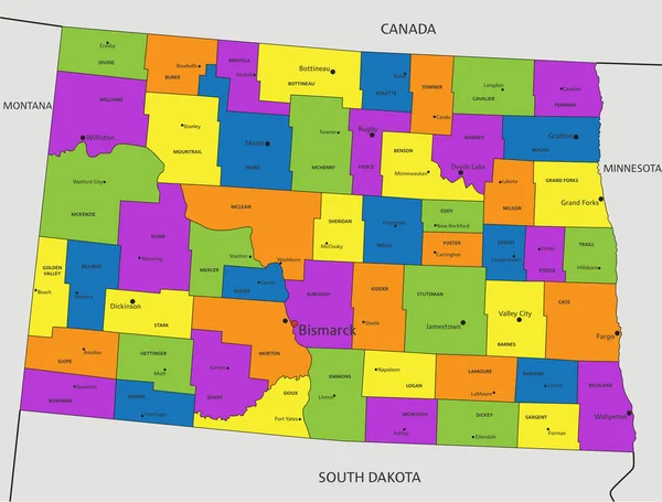 色彩斑斓的北达科他州政治地图 有清晰的标记和分隔层 矢量说明 — 图库矢量图片