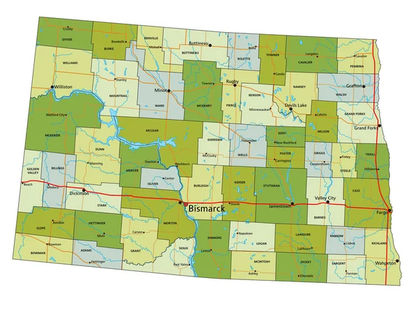 Высоко Детализированная Редактируемая Политическая Карта Разделенными Слоями Северная Дакота — стоковый вектор