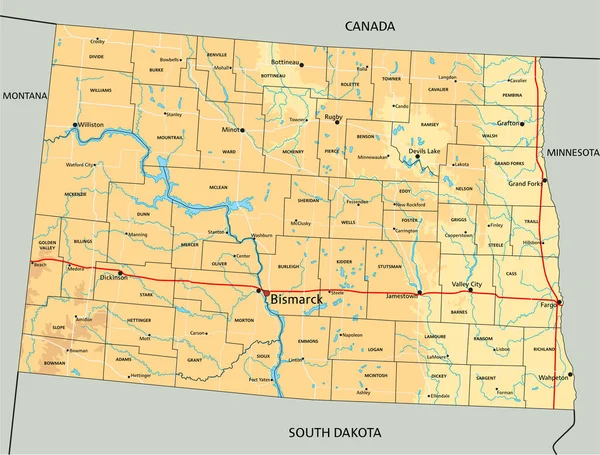 Високо Деталізована Фізична Карта Північної Дакоти Маркуванням — стоковий вектор