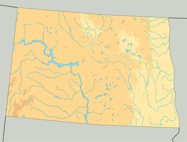 Zeer Gedetailleerde Noord Dakota Fysieke Kaart — Stockvector