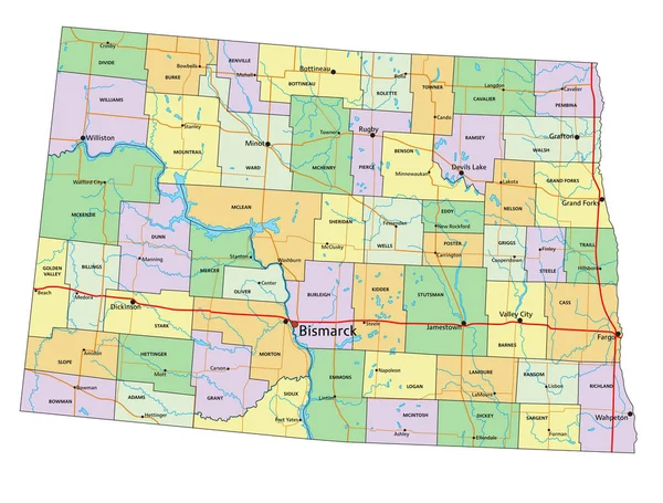 ノースダコタ州 ラベル付きの非常に詳細な編集可能な政治地図 — ストックベクタ